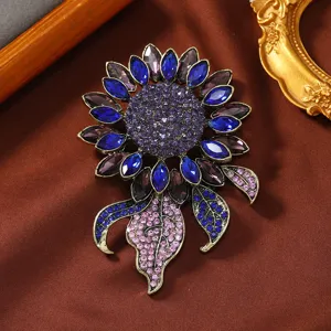Vintage rhinestone sunflower brooch crystal lapel pin elegant jacket accessories gift for women