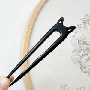 Pique à cheveux rétro en ébène en forme de U avec oreilles de chat pour coiffure Hanfu.