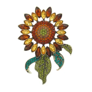 Vintage full rhinestone sunflower brooch, retro crystal flower pin for suit jacket and coat accessories.