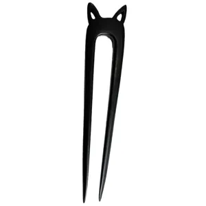 Fourche à cheveux en bois d'ébène noir en U avec design d'oreilles de chat, accessoire rétro.