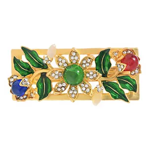 Pince à cheveux fleur creuse en or mat chinois avec strass et feuilles d'émail colorées.