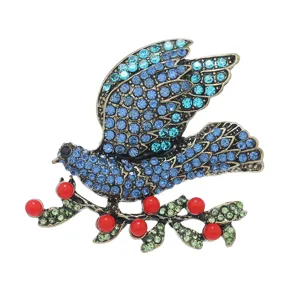 Vintage crystal blue bird brooch, elegant rhinestone animal lapel pin for women coat dress.
