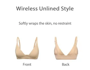 Wireless unlined bra detail featuring front and back views of a comfortable nude triangle bralette.