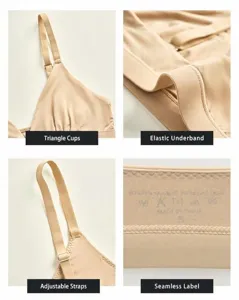 Detail view of women's seamless triangle cup bra in nude, featuring adjustable straps and bands.