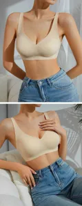 Vista dettagliata del reggiseno push-up senza ferretto color nude per comfort.