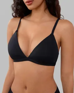 Detail view of a black minimalist bralette with thin straps, featuring a chic V-neck design.