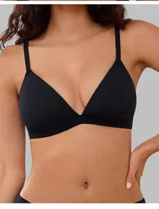 Detailed view of black minimalist triangle bralette, thin straps and deep V design.