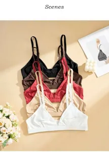 Detail view of chic multi-color wireless triangle bralettes, showcasing thin straps and deep V.