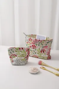 Floral embroidered canvas cosmetic storage pouch set, portable travel makeup zipper bag.