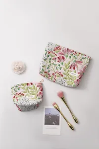 Floral embroidered cosmetic pouch set, canvas makeup travel storage bag with zipper.