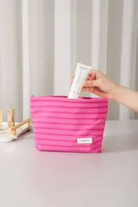 Bolsa de cosméticos a rayas rosas gran capacidad estuche de maquillaje portátil