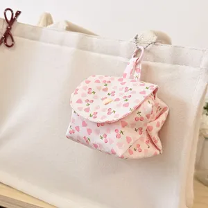 Pink cherry heart print mini canvas backpack pendant cute coin purse storage bag for travel