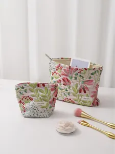 Fresh Canvas Cosmetic Bag Jacquard Yarn Dyed Flower Makeup Toiletry Organizer Zipper Pouch Women Travel Daily Storage