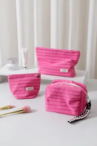 Set de neceser de maquillaje a rayas rosa fucsia con cremallera y correa, gran capacidad.