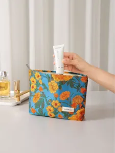 Borsa cosmetica vintage in jacquard floreale con cerniera, custodia portatile per trucco