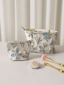 Floral Jacquard Canvas Cosmetic Bag Large Capacity Portable Makeup Pouch With Zipper For Women Travel Daily Organizer Storage Bag