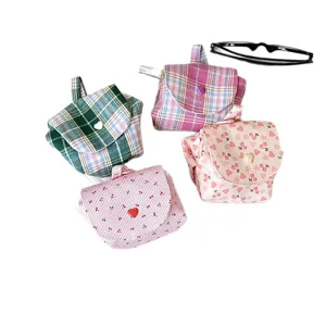 Cute plaid cherry storage bag portable flap coin purse travel makeup bag small pouch cute