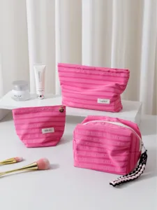 Bolsa de Cosméticos de Lona con Contraste de Color de Nicho Organizador de Maquillaje Rayado de Gran Capacidad Neceser de Viaje Portátil Bolsa de Almohada