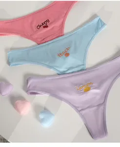 Detailed view of ribbed low-waist thong with cute fruit embroidery, soft and comfortable.