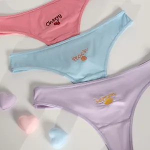 Set of 3 low-waist ribbed thong underwear for women with cute fruit embroidery designs.