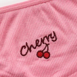Pink ribbed women's underwear with cherry embroidery, showcasing a close-up main view.
