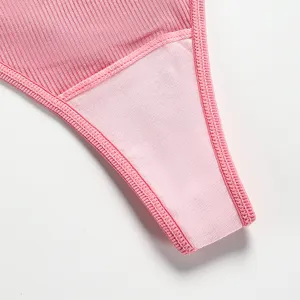 Women pink ribbed thong low waist cotton crotch underwear breathable seamless underwear