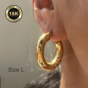 18k gold plated stainless steel thick hoop earrings for women, chunky statement jewelry L size.