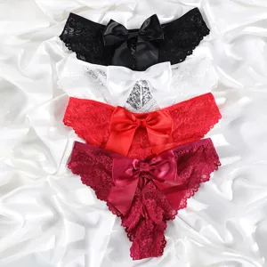 Damen sexy Spitze Höschen Set mit Satin Schleife, bequeme hohle Slips in vier Farben.