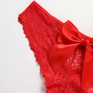 Sexy rote Damen Spitzenunterwäsche mit großer Satinschleife, perfekt für Valentinstag.