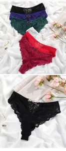 Sexy lace thong panties for women with metal heart ring hollow out plus size low rise