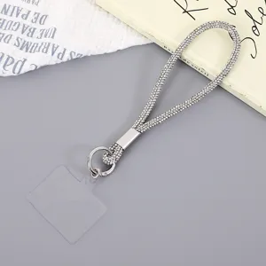 Luxury sparkling rhinestone phone wrist strap with silver metal ring and clear patch