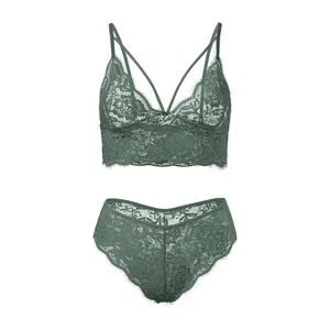 Dunkelgrünes französisches Spitzen-Wäscheset mit Bügel-losen Bralette und Slip.