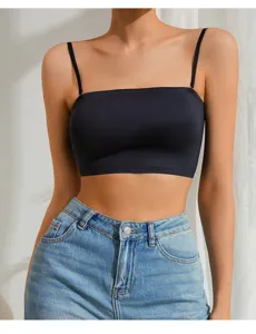 Zwarte naadloze strapless bandeautop, comfortabele ademende damestop voor dagelijks gebruik.