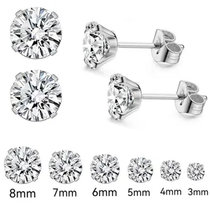 Stainless Steel Zirconia Stud Earrings For Women Men 4-Prong Round Cubic Zirconia Piercing Jewelry Small Ear Bone Studs Butterfly Backs