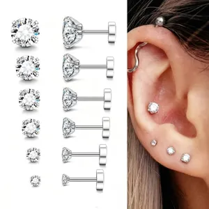 Stainless steel cubic zirconia flat back stud earrings, cartilage piercing jewelry set for women.