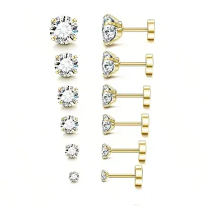 Gold stainless steel round cubic zirconia flat back cartilage stud earrings set, 6 sizes
