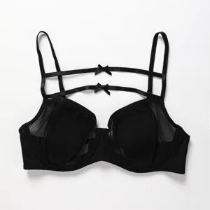 Sexy black mesh underwire bra with straps and bow details for women, comfortable and stylish.