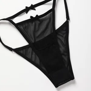 Black sexy sheer mesh thong panty with cute bows and metal rings for women