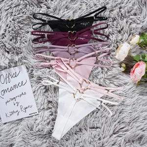 Sexy women solid color double thin strap thong underwear with heart ring, seamless design.