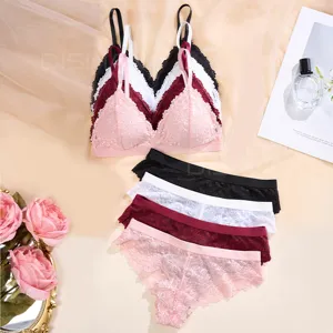 Sexy Spitze Dreieck Cup BH Und Höschen Set Damen Dünne Atmungsaktive Bügellose Lingerie Set
