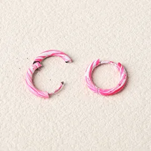 Pink white marbled stainless steel enamel hoop earrings stylish gradient color fashion jewelry