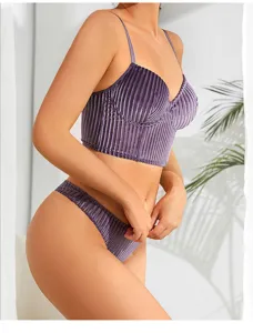 Sexy velvet striped lingerie set for women, underwired push-up bra and thong underwear.