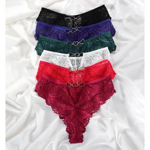 Sexy lace women panties thong with metal heart rings, breathable comfortable wear.