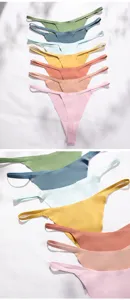 Close-up detail of seamless thin strap ice silk thongs featuring breathable cotton crotch and multi-color options.