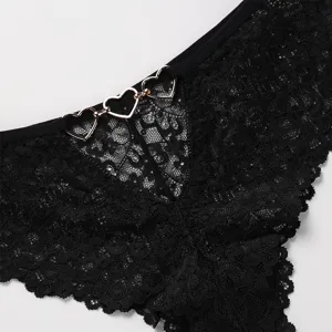Women sexy black lace thong panty with metal heart rings hollow out seductive underwear