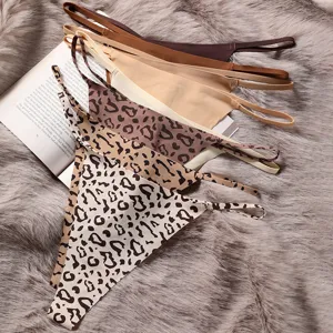 Seamless ice silk thong low waist sexy underwear for women solid and leopard print.