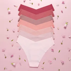 Seamless low waist V cut ice silk women panties set gradient color breathable soft underwear