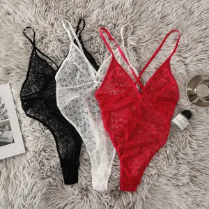 Women sexy lace teddy lingerie deep V backless sheer bodysuit strap underwear 3-pack