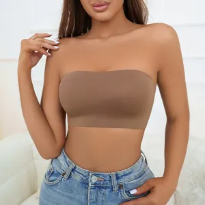 Comfortable women strapless seamless tube top bra, non-slip wirefree padded bandeau.