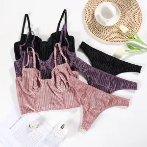 Sexy velvet striped lingerie set featuring underwire push-up bra and thong for women.